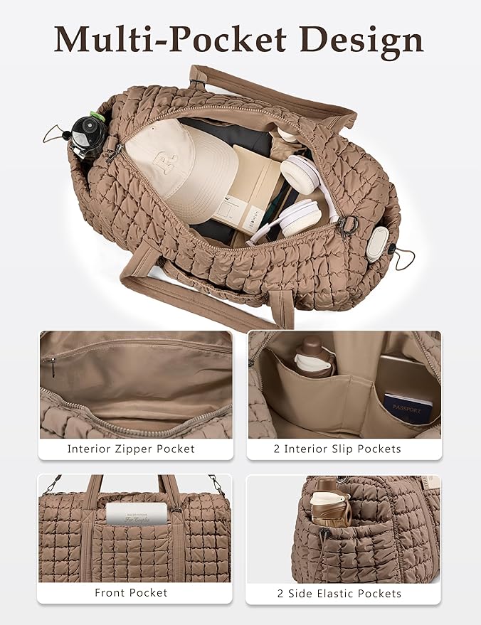 Quilted Travel Duffle Bag for Women Medium Weekender Bag Puffer Overnight Bag Large Soft Puffy Duffel Bag Carry-On Gym Bag Lightweight Personal Item Travel Bag for Trips Business Sport Airplane