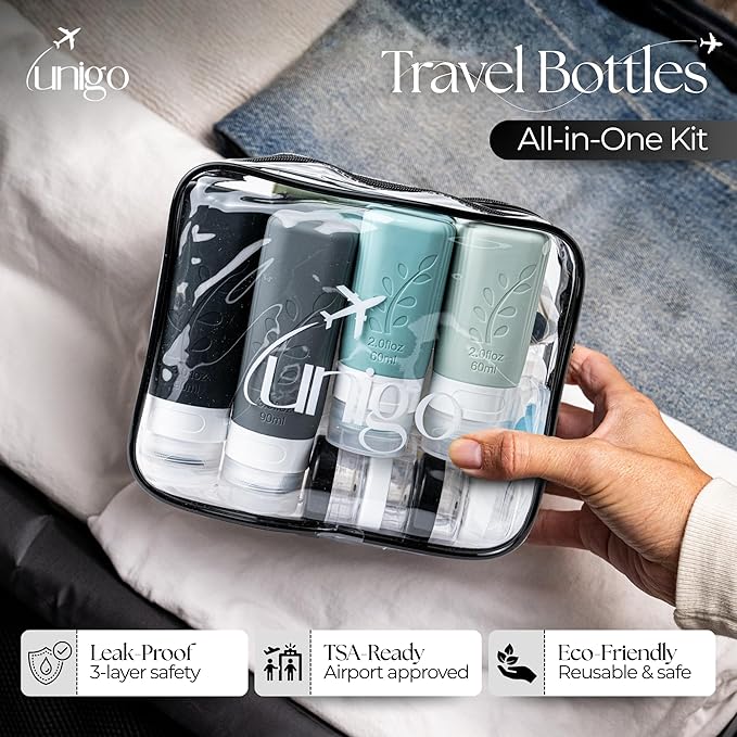 unigo 30 PACK Travel Bottles Set for Toiletries - Leakproof Refillable Travel Size Containers, TSA Approved Bottles with Labels, Brush & Covers for Carry-On Travel