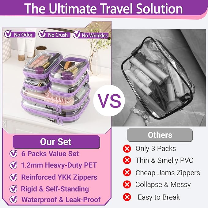 YQBRAO 6 Pack Clear Hard Shell Zipper Case, Hard Plastic Organizer Pouches for Travel, Small Items, Makeup, Electronics & Art Supplies - Crush-Resistant & Waterproof Storage (Purple)
