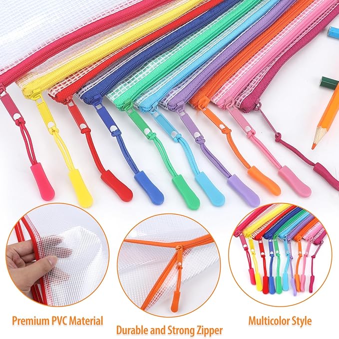 20PCS Mesh Zipper Pouch Bags Storage Bags, A5 Reusable Clear Zipper Pouches for Travel and Classroom Board Game Organization