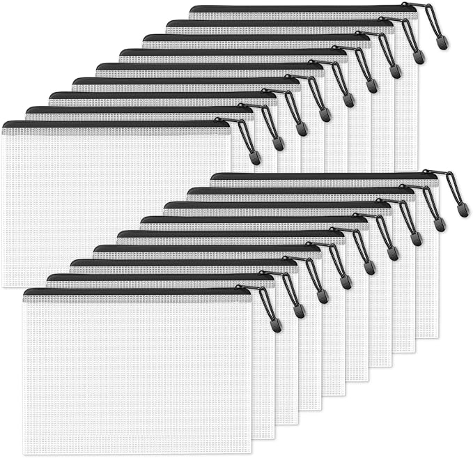 SUNEE Plastic Mesh Zipper Pouch 11x15 in (Black, 18 Packs),Extra Large Water-Resistant Zip Bag for School Office Supplies, Puzzles & Games Organizing Storage