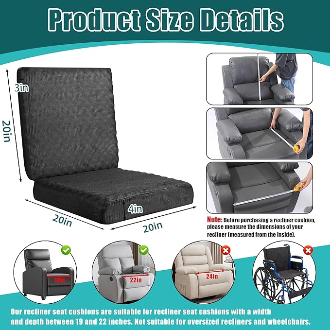 BALAPET Recliner Cushions for Long Sitting, Egg Crate Foam Recliner Cushion for Elderly Reduces Muscle Fatigue and Provides Air Flow, Extra Large Non-Slip Seat Cushion with Back Support(20*20*4in)