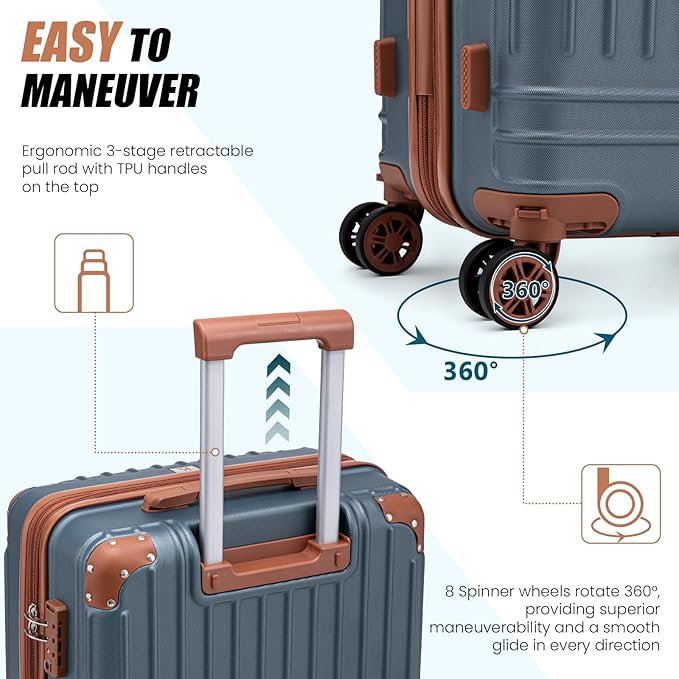 KUNEL Expandable 5 Piece Luggage Sets with Detachable Spinner Wheels and TSA Lock, Unisex Hardside ABS Suitcase Set, Hardshell Lightweight Waterproof Travel Hard Case Suitcases with Wheels, Iceblue