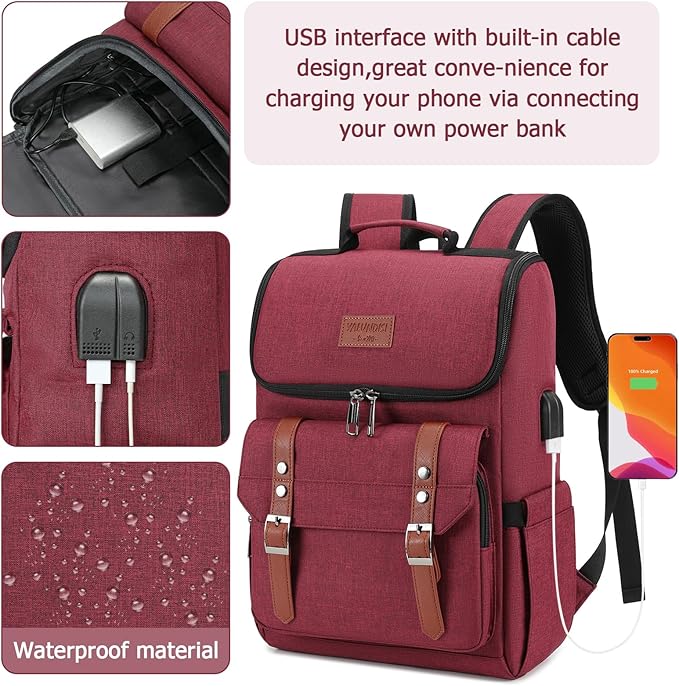 YALUNDISI Vintage Backpack Travel Laptop Backpack with usb Charging Port for Women & Men College Backpack Fits 15.6 Inch Laptop Red Brown