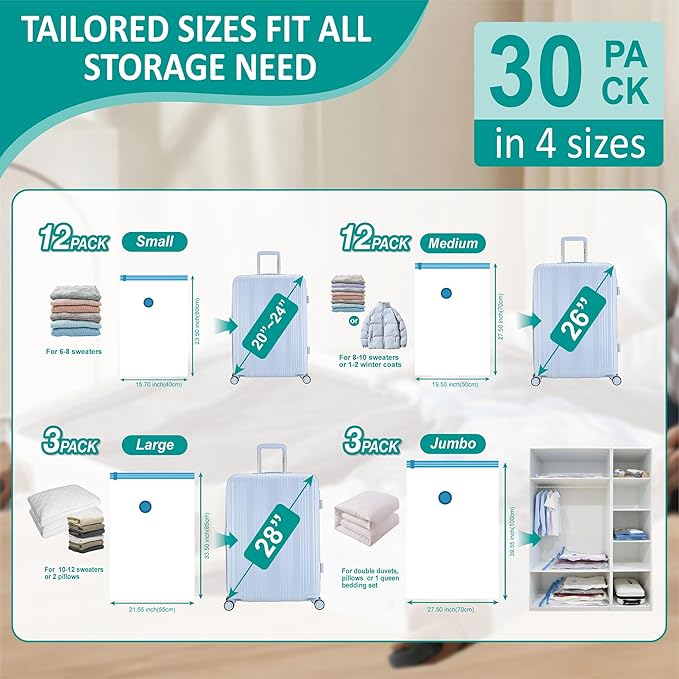Cozy Essential Travel Vacuum Storage Bags with Rechargeable Cordless USB Pump, Space Saver Bags for Luggage, Suitcase, Carry-On, for Clothes, Blankets, Bedding & Seasonal Storage,30 Combo