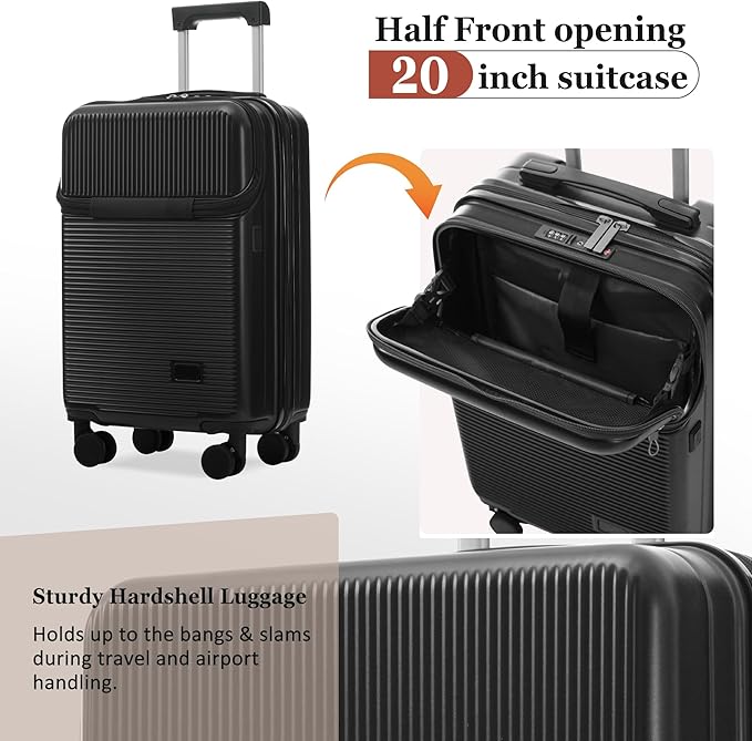 Merax Luggage Sets 5 Piece,Front Half-open Hardshell Expandable Suitcase with Spinner Wheels and Duffel Bags,Lightweight Carry on Luggage with USB Port,20/24/28IN,Black