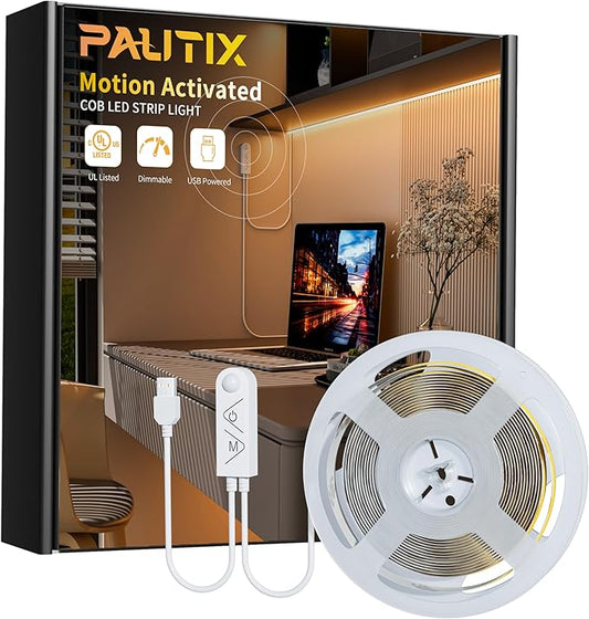 PAUTIX COB LED Strip with Motion Sensor,5V USB LED Tape Light 2700K Warm White,9.84ft Super Bright,Dimmable Motion Activated LED Strip Light for Bedroom,Cabinets,Kitchen,Stair,Closet Lighting Projects
