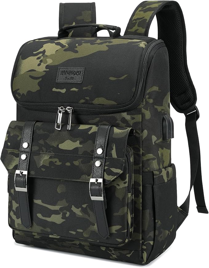YALUNDISI Vintage Backpack Travel Laptop Backpack with usb Charging Port for Women & Men College Backpack Fits 15.6 Inch Laptop Camouflage Green