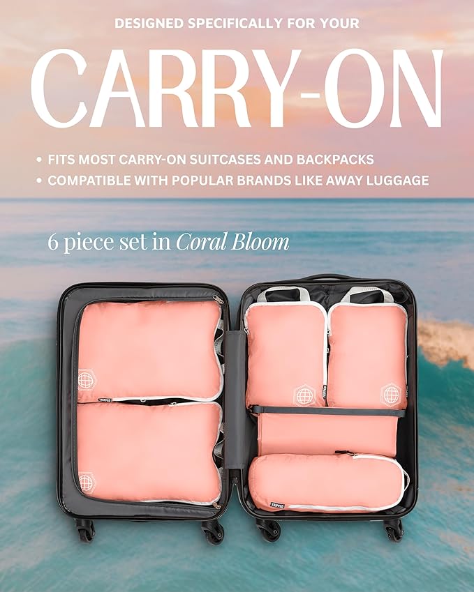 Compression Packing Cubes 6 Piece Set for Carryon Suitcases- Lightweight, Durable Clothes Organizer (Coral Rose)