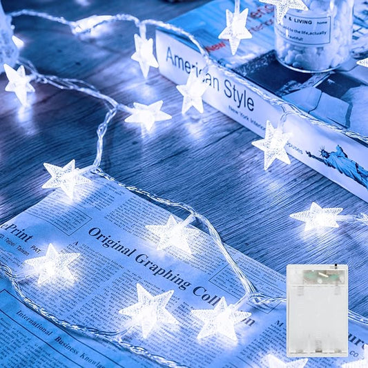 Minetom Star String Lights Battery Operated - 17 ft 50 LED Star Fairy String Lights with Timer, Waterproof for Indoor Bedroom Tent Loft Bed Patio Party Wedding Decor, White
