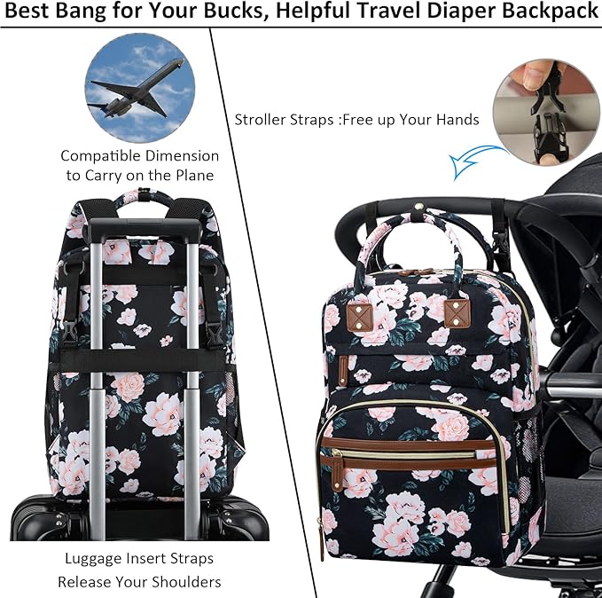 Tenot Diaper Bag Backpack Tote for Women Large Capacity with Insulated Pockets Multifunctional Diaper Bags For Baby Girl Boy Waterproof Baby Bags, Maternity Bag Black Pink Floral | Multifunctional, Diaper Bags, Waterproof, Baby Bags, Maternity Bag