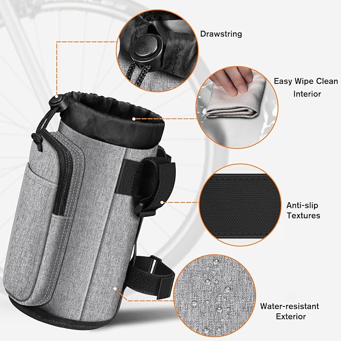 FINPAC Cup Holder for Bike, Universal Water Bottle Holder with Phone Pockets for Stroller Walker Golf Cart Rollator and Scooter, Outdoor, Biking - Gray