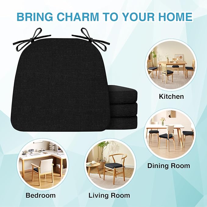 Chair Cushions for Dining Chairs Set of 6, Non Slip Kitchen Chair Pads, 17" x 16" x 2", Indoor Dining Chair Cushions with Ties, D-Shaped Seat Cushions for Kitchen Chairs, Black