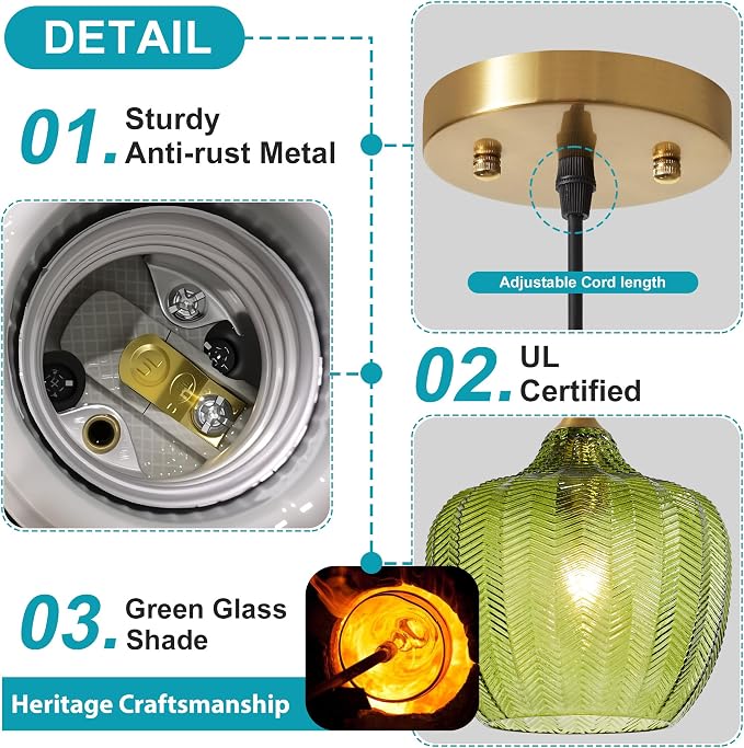 Green Glass Pendant Lights Kitchen Island Gold Hanging Ceiling Light 9.45" | 1 Pack, Adjustable height, Dimmable, E26 bulbs, Rust-resistant Damp Rated For Bathrooms, 5-Year Warranty, UL Certification