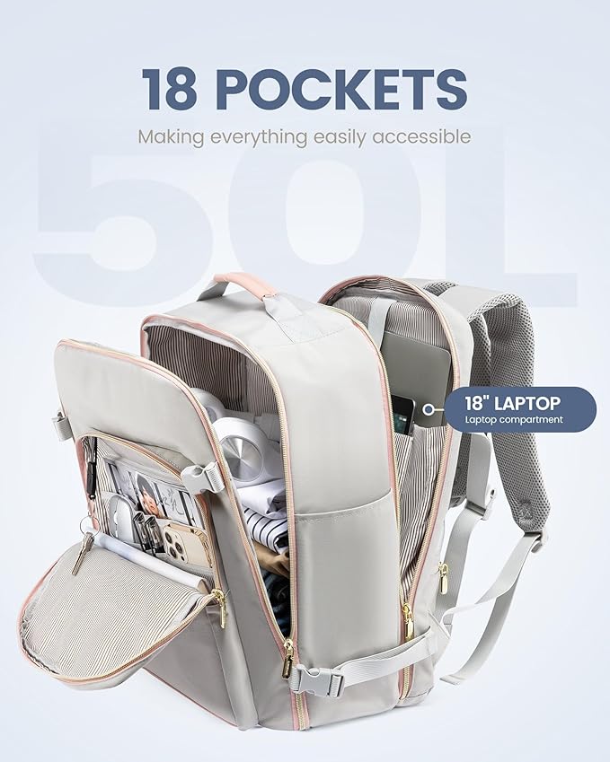 LOVEVOOK 50L Travel Backpack for Women Men,Waterproof Airline Approved Carry On Luggage Travel Essentials,TSA Carry On Backpack Personal Item Travel Bag Suitcase Weekender Traveling with Packing Cubes