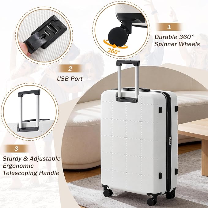 Merax Luggage Sets 5 Piece, Hardside 20" Half-opening Carry On Suitcase Set with USB Port,Lightweight Travel 24" 28" Luggage with Bags TSA Locks Double Spinner Wheels,White