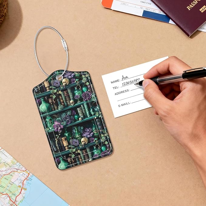 2 Pack PU Leather Luggage Tags for Suitcases, Privacy Protection Cover with Stainless Steel Loop and Address Card, Travel Cruise Essentials (Bookshelf)