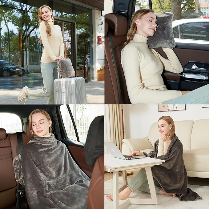 Travel Blanket Pillow, Premium 2 in 1 Flannel Airplane Blanket Compact for Travel,Office, Home,Travel Essentials Accessories for Plane and Car,Compact Office Blanket (Gray)