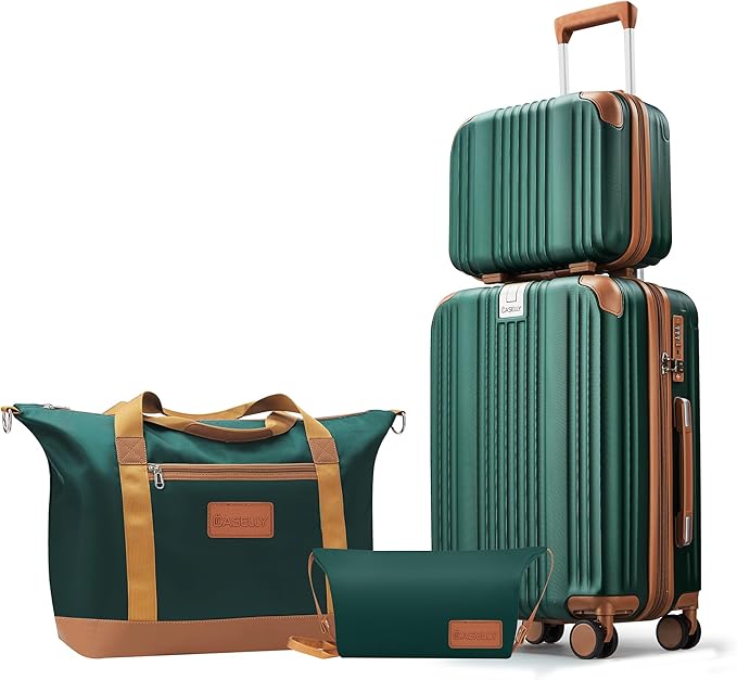 Luggage Set 3 Piece Luggage with PC+ABS Hardshell TSA Lock Spinner Wheels Carry on Lightweight Suitcase，YKK Zippers (Dark Green, 4 piece（14/20/DB/TB）)
