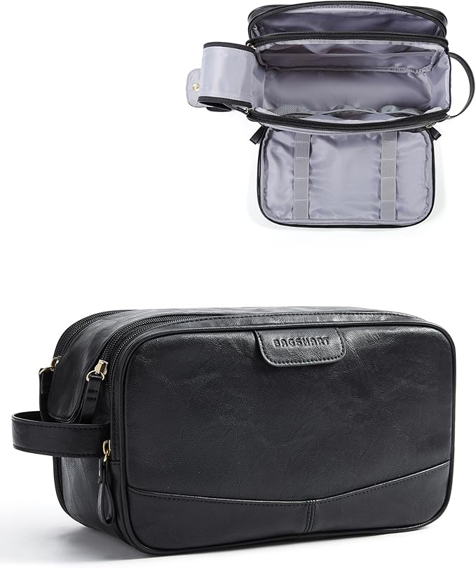 BAGSMART Large Toiletry Bag for Men, High-gloss PU Leather Travel Bag for Toiletries, Dopp Kit Water Resistant Shaving Bag for Bathroom Shower-Black