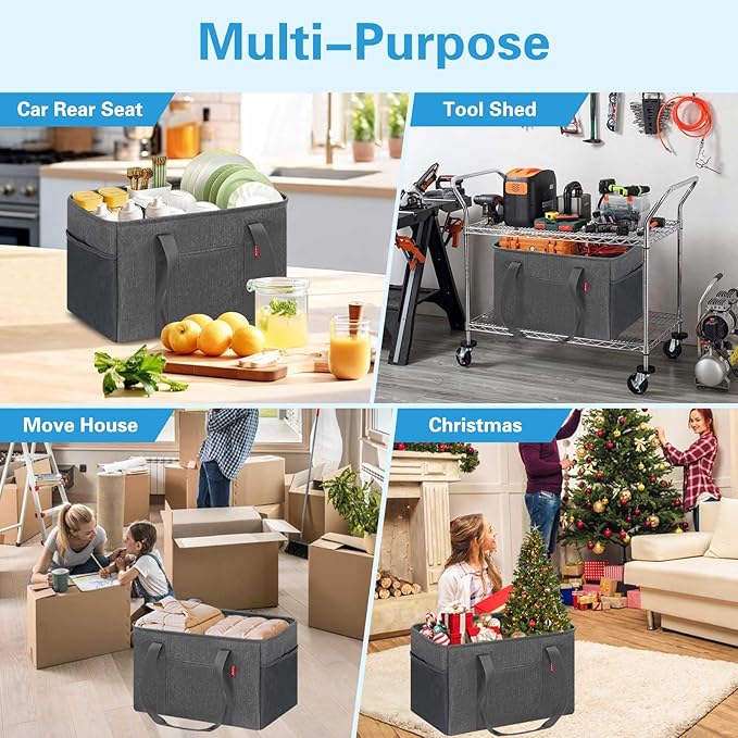 LHZK Standing Utility Tote Bag with Metal Wire Frame and the Sides Rinforced, Large Tote Bag with Handle, Reusable Grocery Bags Foldable, Beach Bag, Car Tote (Grey, 18.5''x11.8''x11.5'')