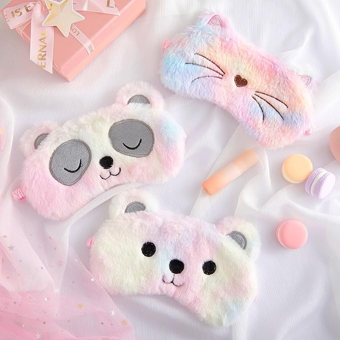 Geyoga Sleep Mask for Kids, Girls Plush Sleeping Eye Cover Soft Eye Blindfold Cover Animal Shade for Kids(Colorful,Cat, Bear, Panda Style)