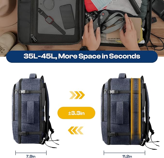Carry on Backpack, 35L-45L Expanable Travel backpack,TSA Airplane Approved, Daypack Weekender Bag Fits 17 Inch Laptop, Travel Gifts for Men, Blue