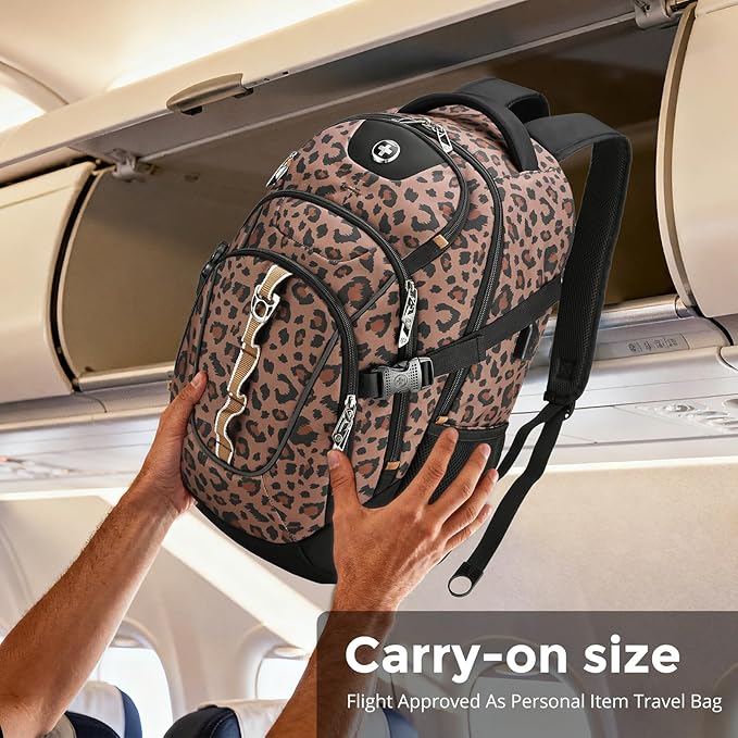 Swissdigital Laptop Backpack with USB Charging Port, Travel Backpack Fits 15.6 inches Computer, 31L Backpack for Men and Women, Brown Leopard | SD803-103