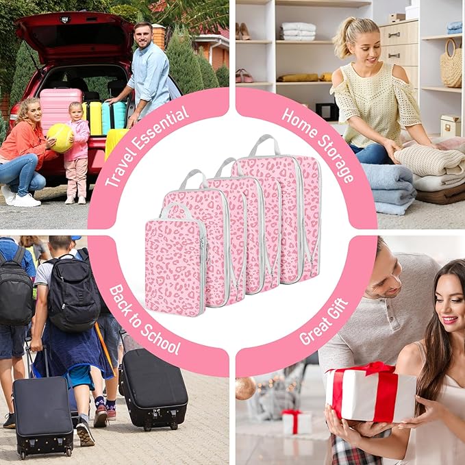 4 Set Compression Packing Cubes For Travel Bags Organizer For Luggage Suitcase Organizer, Compression Bags For Travel Accessories Luggage Storage Set (4 Pcs, Pink Leoparda)