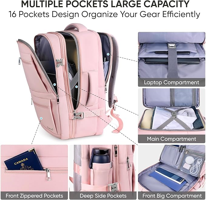 BALEINE Travel Backpack for Women Men, Large Sturdy Carry On Laptop Backpack Gifts for Business, Casual, Weekender, Hiking (XL, Pink)