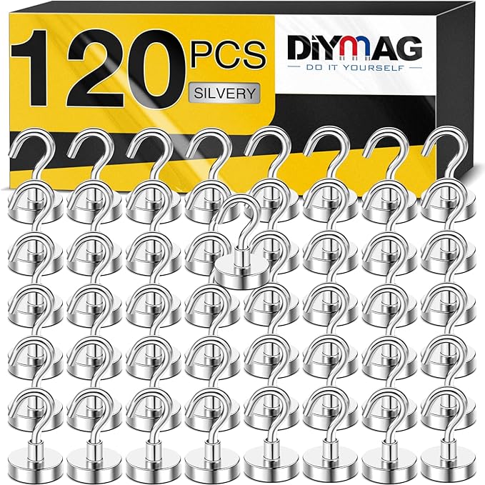 DIYMAG Magnetic Hooks, 30Lbs Silver Strong Heavy Duty Cruise Garage Magnet S-Hooks for Classroom, Fridge, Hanging, Cabins, Grill, Kitchen, Garage, Workplace and Office Etc, 120 Pack