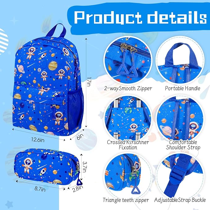 Redbaker Light Blue 6 Pcs Kids Luggage Set 17 Inch Kids Rolling Luggage Double Pattern Suitcase for Boys Girls (17 Inch, Astronauts)