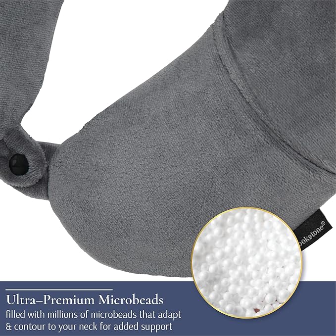 Brookstone Microbead Travel Head and Neck Pillow Lightweight and Plush with Phone or Headphone Pocket, Dark Grey