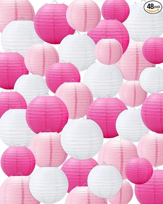 Treela 48 Pcs Paper Lanterns Party Decorations Round,Pink,White | Chinese Hanging Lamps, Wedding, Party Supplies, Birthday Bridal, 4/6/8/10 Inch, Easy Setup, Asian Decor, Festive Atmosphere