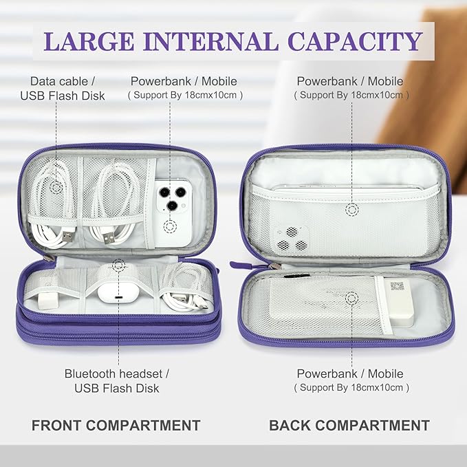 FYY Electronic Organizer, Travel Cable Organizer Bag Pouch Electronic Accessories Carry Case Portable Waterproof Double Layers Storage Bag for Cable, Charger, Phone, Earphone, Medium Size, Purple