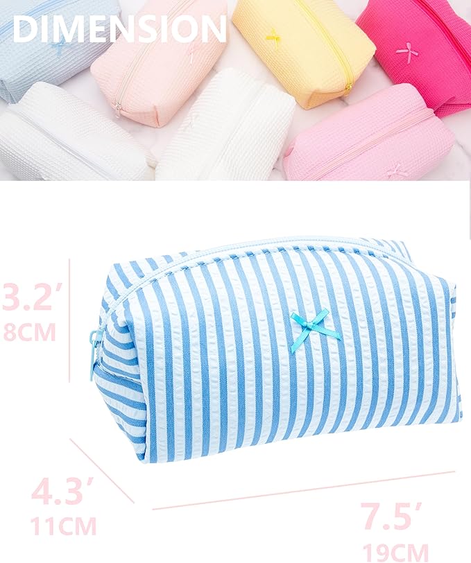 PAZIMIIK Cozy Makeup Bag Small Aesthetic Travel Zipper Cosmetic Pouch for Women Make Up Beauty Accessories Brushes, Stripe Lake Blue