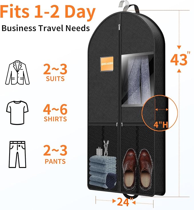 Garment Bag Travel Suit Storage: 43 Inch 3 Packs Fabric Breathable Zippered - Clothes Covers Carry Shoe Pockets Lightweight - Men Travel Wardrobe Protector Hanging Up Multiple