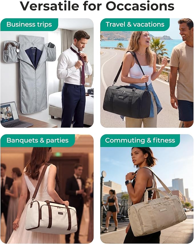 BAGSMART Garment Bag Duffle Bag for Travel Convertible 2 in 1 Suit Bag for Hanging Clothes Carry on Travel Bag with Shoes Bag,Shoulder Strap Weekender for Dresses, Coats, Shirts (White)