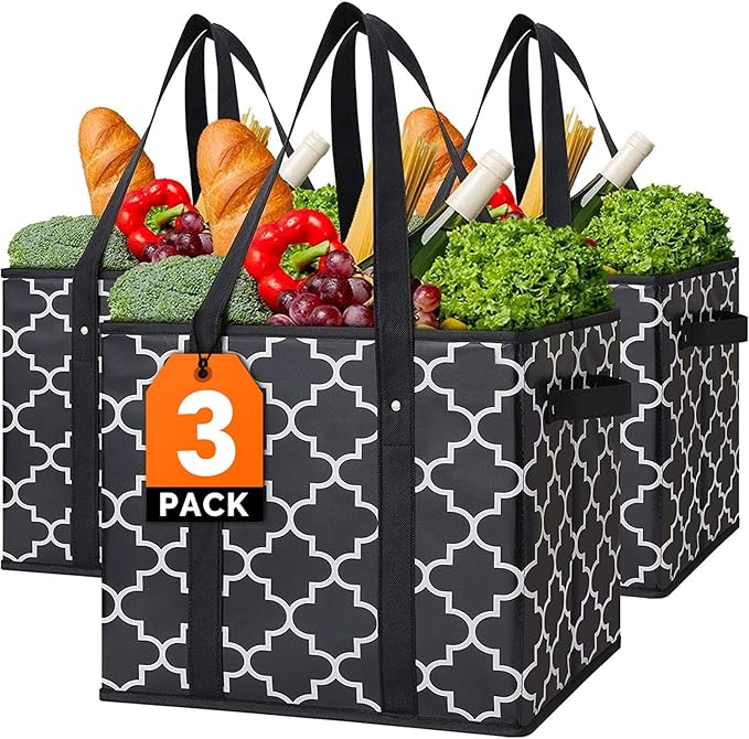 WISELIFE Reusable Grocery Bags 3-Pack Foldable Washable Large Storage Bins Basket Water Resistant Shopping Tote Bag Black