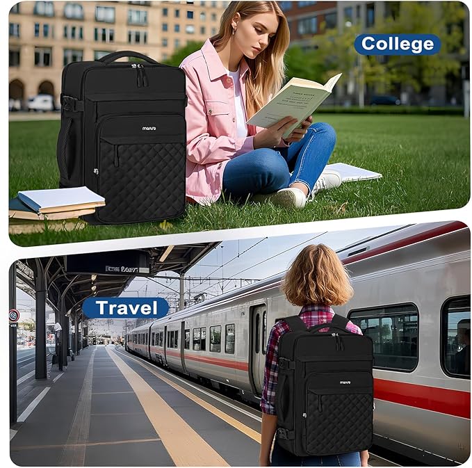 MOSISO Travel Backpack for Women Men, 17-17.3 inch Rhombus Quilted Laptop Backpack Flight Approved with Packing Cubes, Carry on Daypack with USB Port for College Work Business, Black