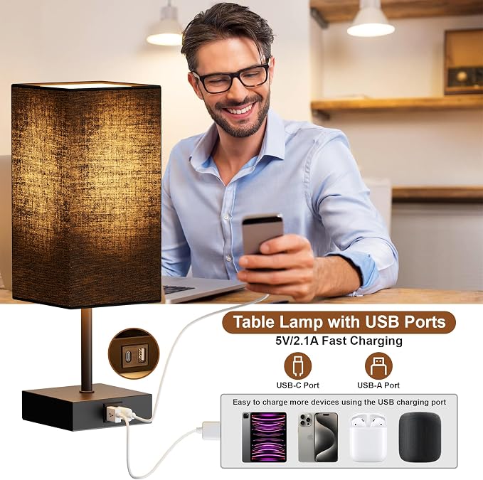 Touch Bedside Table Lamp for Bedroom, 14-Inch, Black, Set of 2 | USB A+C Ports, Touch 3-Way Dimmable LED Bulb Included Fabric Lampshade Metal Base Small Nightstand Lamp for Desk Living Room