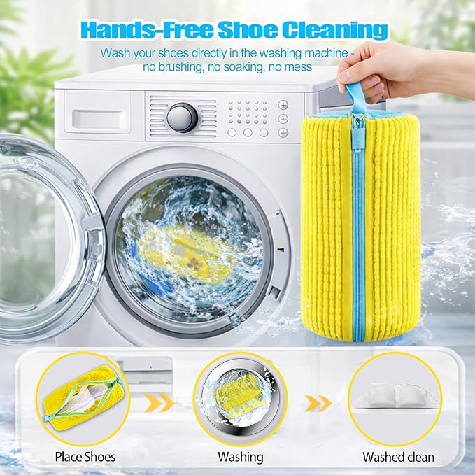 Shoe Washing Machine Bags, 2-Pack – 360° Deep Cleaning, Protects Shoes & Washer, Self-Locking Zipper Design, Reusable Laundry Bags for Washing Two Pairs at Once (Yellow)