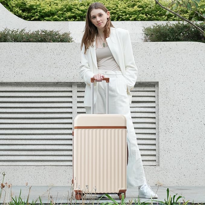 Merax Luggage Sets 2 Piece Front Opening, Hardside Lightweight Carry on Suitcase with USB Port,Durable Expandable Luggage with Bags Spinner Wheels and TSA Lock,White and Brown