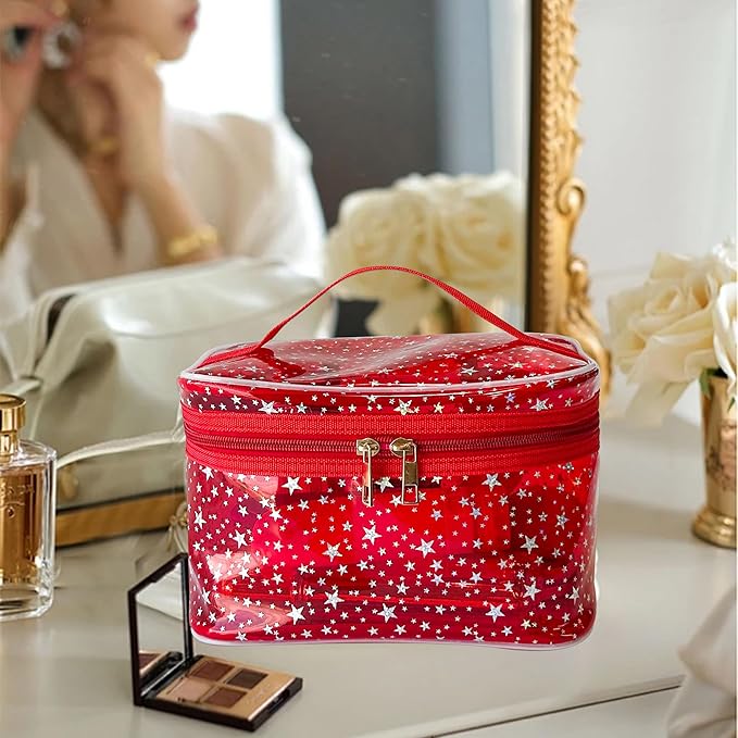 Star Print Black PVC Makeup Bag with Handle - 8.66 * 5.51 * 5.51 inch,Clear Storage Bag Toiletry Pocket Portable Zippered Pouch Waterproof Cosmetic Organizer Bags for Women(Black-L)