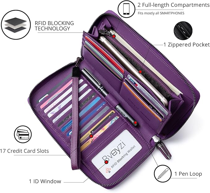 Bveyzi Women RFID Blocking Wallet Leather Zip Around Phone Clutch Large Capacity Ladies Travel Purse Wristlet | RFID Blocking, Zip Around, Large Capacity
