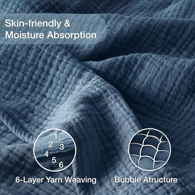 100% Cotton Muslin Blanket Queen 90" x 90", 6 Layers Breathable and Lightweight Cotton Throw Blanket for Bed, Soft Quilt Bedspread Coverlet, Gauze Blanket for Adults All Season, Blue