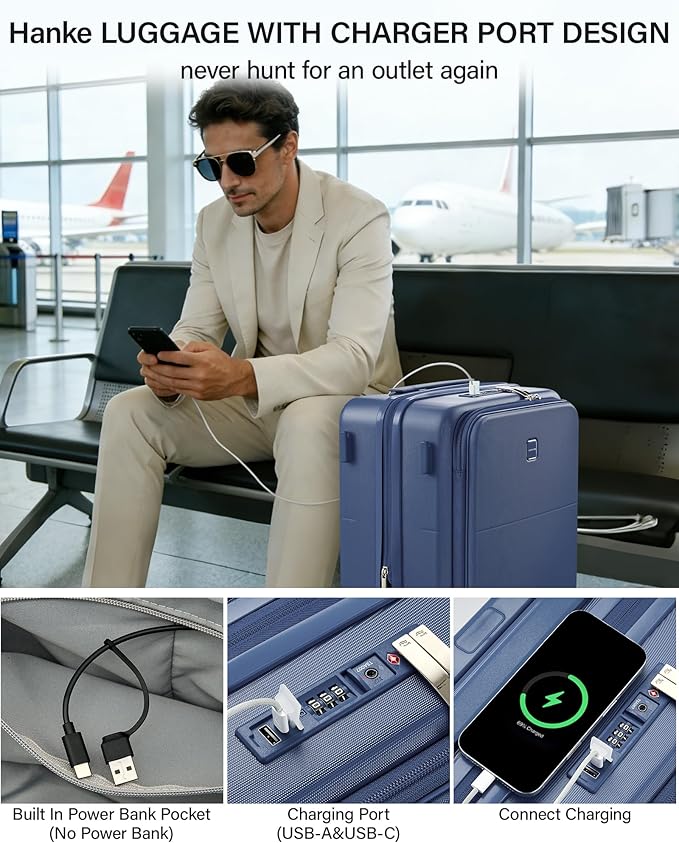 Hanke 24 Inch Expandable Checked Luggage with Cup Holder and Charger Port,Top Opening Hard Shell Suitcases with Wheels, Medium Travel Rolling Suitcase Trunk Luggage with Lock, Interstellar Blue