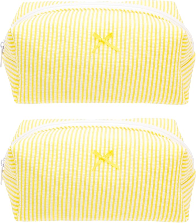 PAZIMIIK 2PCS Cozy Makeup Bag Small Aesthetic Travel Zipper Cosmetic Pouch for Women Make Up Beauty Accessories Brushes, Stripe Yellow