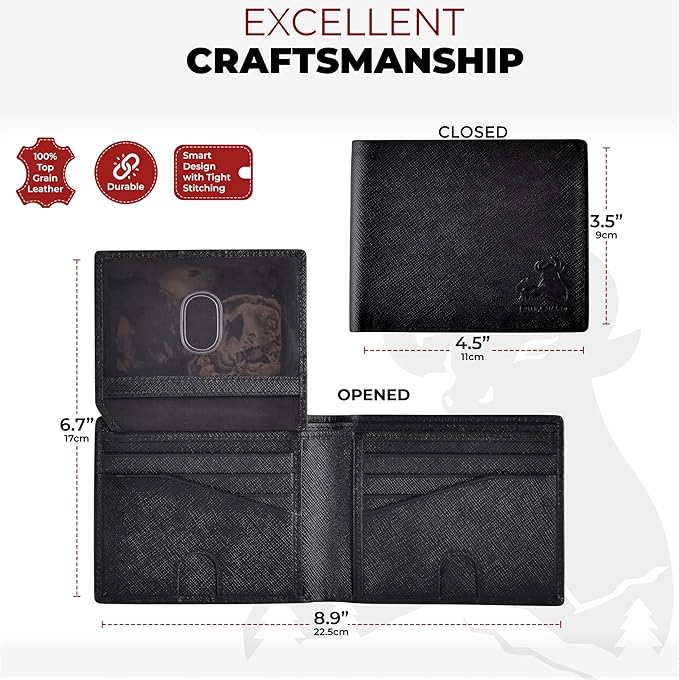 Mens RFID Leather Wallet Bifold on Black Saffiano Designer Leather, Secure and Durable Extra Capacity Billfold with 11 Credit Cards, Flip Up ID, Tight Stitching & Quick Thumb Push Access, Gift Boxed