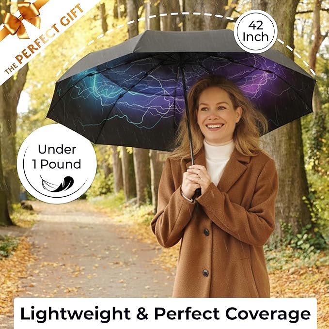 TUMELLA Strongest Windproof Travel Umbrella (Compact, Superior & Beautiful), Small, Wind-Tested, Light & Portable, Automatic Folding Rain Umbrella, Durable Premium Grip, Fits Car and Backpack